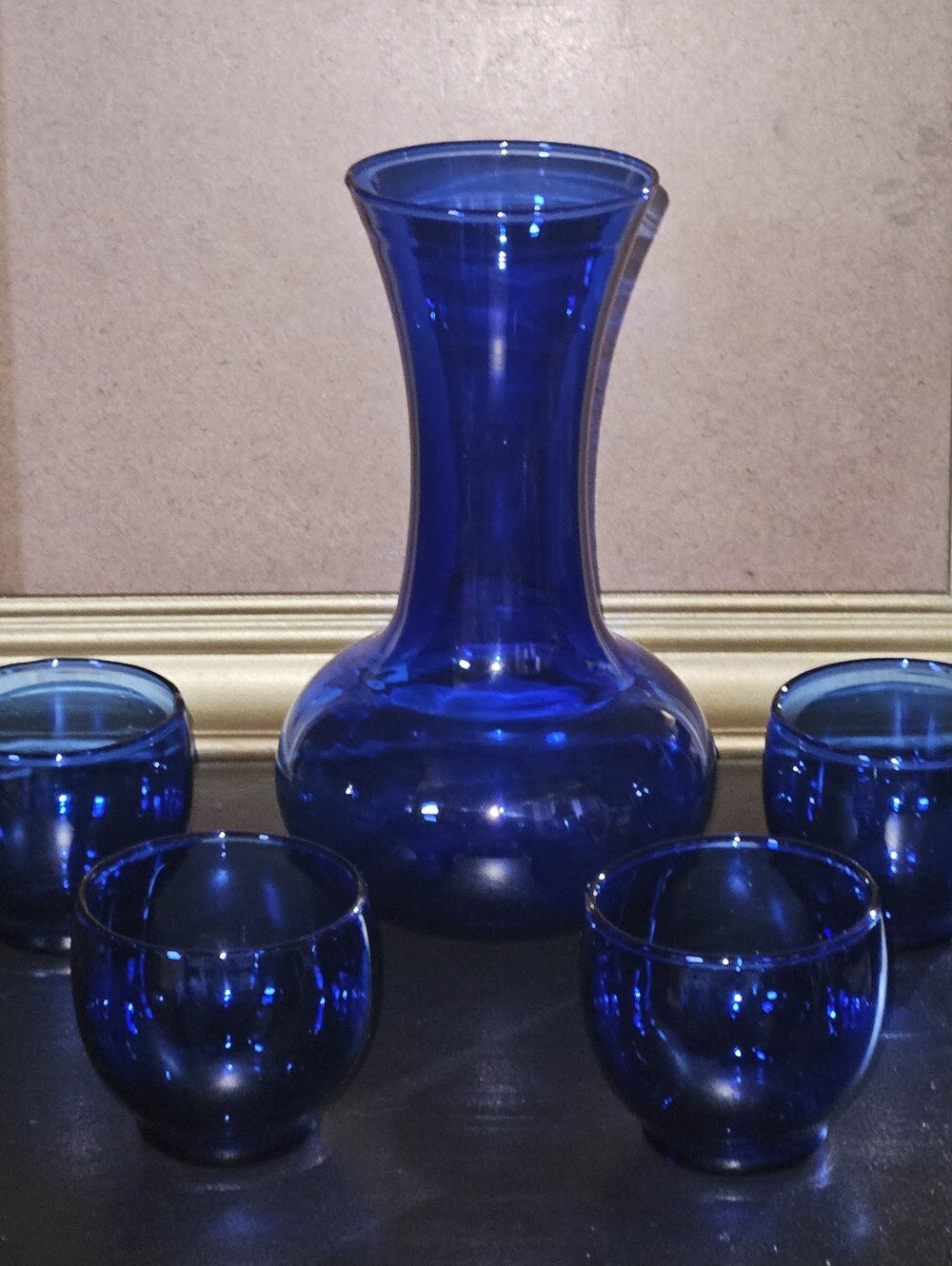 Vintage Cobalt Blue Glass Decanter with 4 Roly Poly Matching Cups